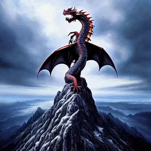 Image similar to giant dragon standing on a mountain, highly detailed, 4 k, hdr, award - winning, painting by gottfried helnwein