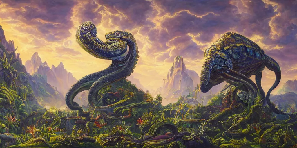 Image similar to fantasy oil painting, great leviathan, cybernetic turtle cephalopod terrapin reptilian pachyderm squid, bella hadid, hybrid, milla jovovich, anubis, epic natural light, lush plants flowers, spectacular mountains, bright clouds, luminous sky, outer worlds, golden hour, michael cheval, edward hopper, michael whelan, vray, hd