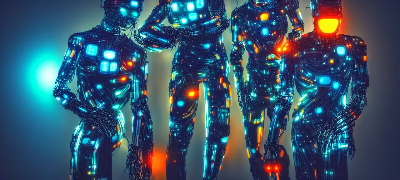 Image similar to beauty, overlayed, stacked, humanoid cybersuits, dramatic lighting, nightfall, vivid colors, beautiful lighting