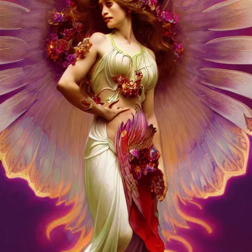 Image similar to a beautiful orchid phoenix angel woman, in an ornamented dress with large wings, volumetric light, god rays, 8 k high resolution, rubies, by alphonse mucha, artgerm, greg rutkowski