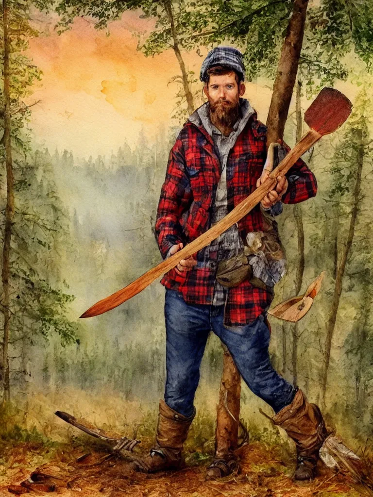 Image similar to a watercolor painting of a man wearing lumberjack clothes and holding a axe by william turner, forest in the background, warm colors, anatomically correct, five fingers, realistic and defined face, realistic, digital painting, masterpiece, watercolor, william turner, symmetrical, low contrast, warm