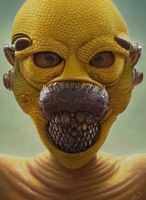 Prompt: homer simpson mf doom reptile eyes, yellow skin. intricate, elegant, highly detailed, centered, digital painting, artstation, concept art, smooth, sharp focus, illustration, artgerm, tomasz alen kopera, peter mohrbacher, donato giancola, joseph christian leyendecker, wlop, frank frazetta