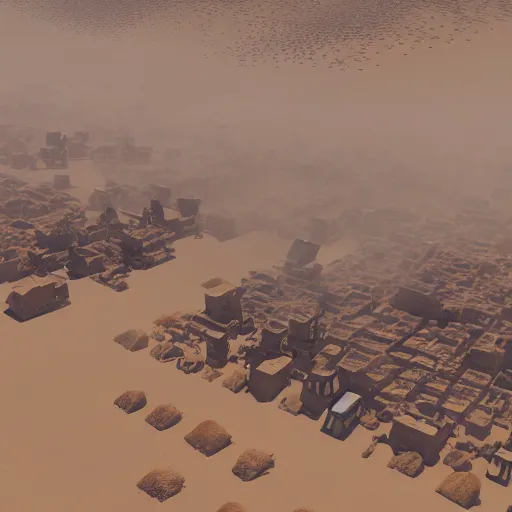 Image similar to drone shot of dusty old town in the middle of desert surrounded by sandstorm, scorching heat, sun, midday, concept art, sharp, artstation, cgsociety