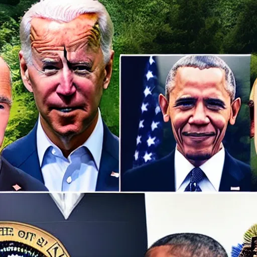 Image similar to joe biden smoking a fat blunt with obama and putin in the woods