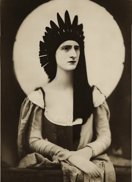 Image similar to portrait of young woman in renaissance dress and renaissance headdress, art by tina modotti