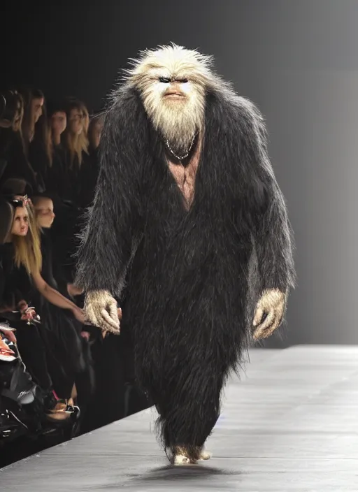 Image similar to The Yeti walking down the runway dressed in Yohji Yamamoto clothes