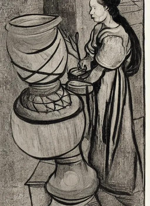 Image similar to abstract stylized charcoal drawing of a woman working on a tall vase at a pottery wheel, da vinci, van gogh