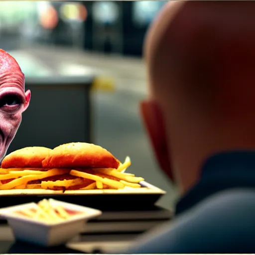 Image similar to photograph of a man with a steak head begging for food at mc donalds, 8k resolution, high detail, ULTRA REALISTIC VFX, reflections