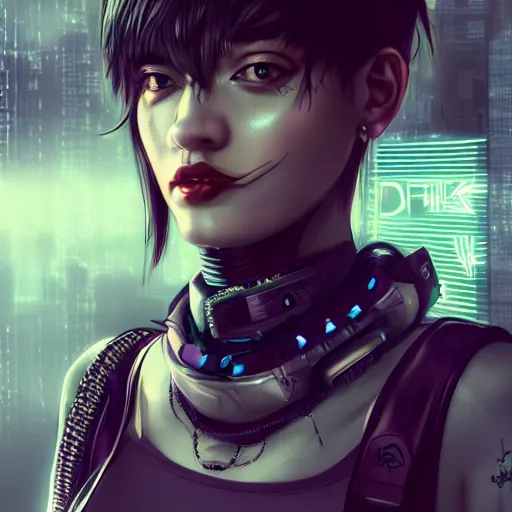 Image similar to detailed realistic female character cyberpunk wearing thick technological collar around neck, realistic, art, beautiful, 4K, collar, choker, collar around neck, punk, artstation, detailed, female, woman, choker, cyberpunk, punk, collar, choker, collar around neck,