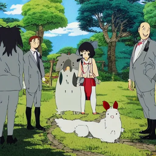 Image similar to STUDIO GHIBLI | an animal wedding at the farm, happy antropomorphic animals wearing wedding suits and robes, extended family, outside, mountain background, by Studio Ghibli, still picture, perfect movie shot, animation masterpiece, composition, framing, happy, hopeful, nostalgic