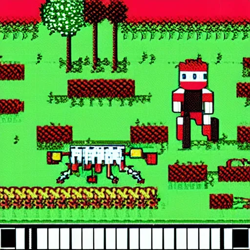 Image similar to pixel art from 1 9 8 0 s computer game depicting a robot mowing the lawn