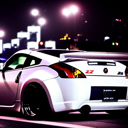 Image similar to a car 350Z twin turbo drift at illegal car meet, Shibuya prefecture, city midnight mist lights, cinematic lighting, photorealistic, highly detailed wheels, high detail