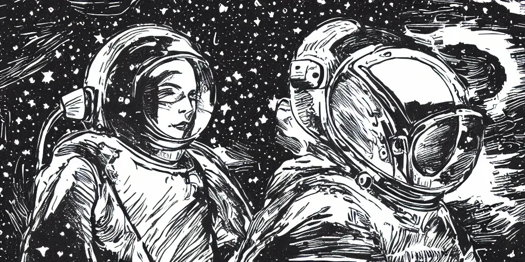 Image similar to etching portrait of a woman wearing a space helmet, manga art, chinese brush, scifi, big clouds visible in the background, stars in the sky, high contrast, deep black tones