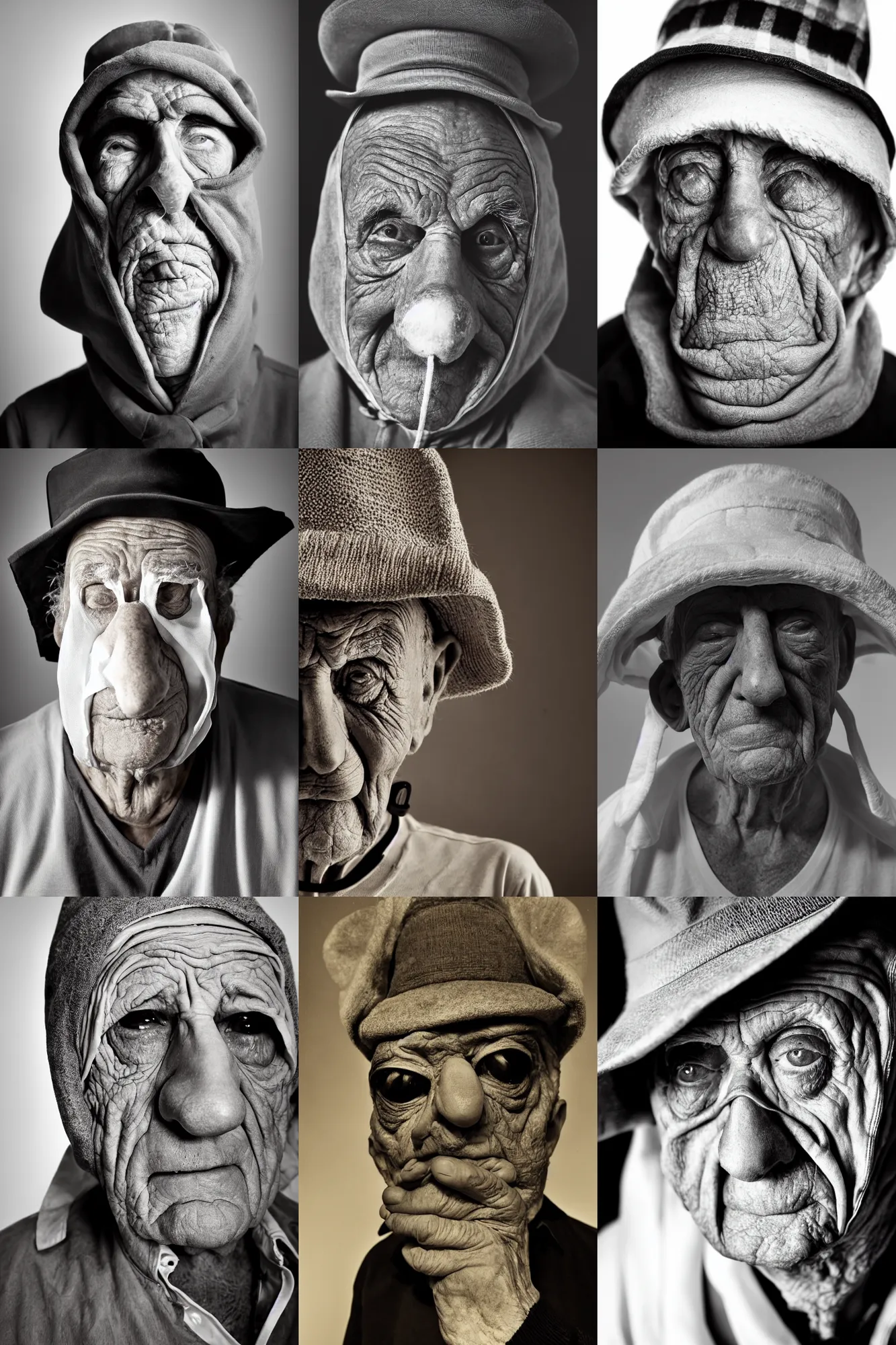 Prompt: high contrast studio close - up portrait of a wrinkled old man wearing a pulcinella mask, clear eyes looking into camera, baggy clothing and hat, backlit, dark mood, nikon, photo by arnold newman, masterpiece