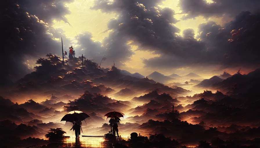 Image similar to baroque oil painting of key visual samurai war, rain, storm, fake detail, trending pixiv fanbox, acrylic palette knife, style of makoto shinkai takashi takeuchi yoshiyuki sadamoto greg rutkowski chiho aoshima