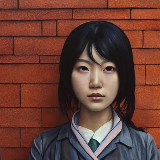 Image similar to a perfect, realistic professional oil painting of a Japanese schoolgirl posing in a dystopian alleyway, close-up, by a professional American senior artist on ArtStation, a high-quality hollywood-style concept