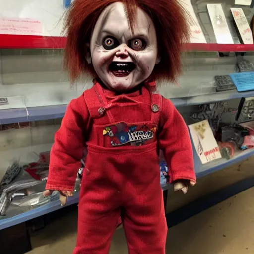 Image similar to Chucky the killer doll for sale in a pawn shop