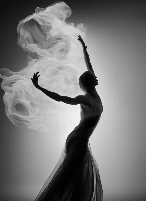 Image similar to a Photorealistic dramatic hyperrealistic render of a glamorous beautiful Female smoke dancer by Ken Brower and Deborah Ory of NYC Dance project,Lois Greenfield,Flowing cloth and smoke,Beautiful dynamic dramatic dark moody lighting,volumetric,shadows,cinematic atmosphere,Octane render,8K