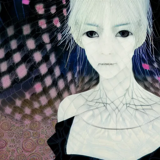 Image similar to yoshitaka amano blurred and dreamy realistic three quarter angle portrait of a woman with white hair and black eyes wearing dress suit with tie, junji ito abstract patterns in the background, satoshi kon anime, noisy film grain effect, highly detailed, renaissance oil painting, weird portrait angle, blurred lost edges