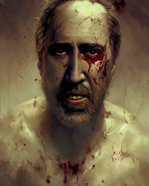 Prompt: hyper realistic photo portrait nicholas cage bearded zombie cinematic, greg rutkowski, james gurney, mignola, craig mullins, brom