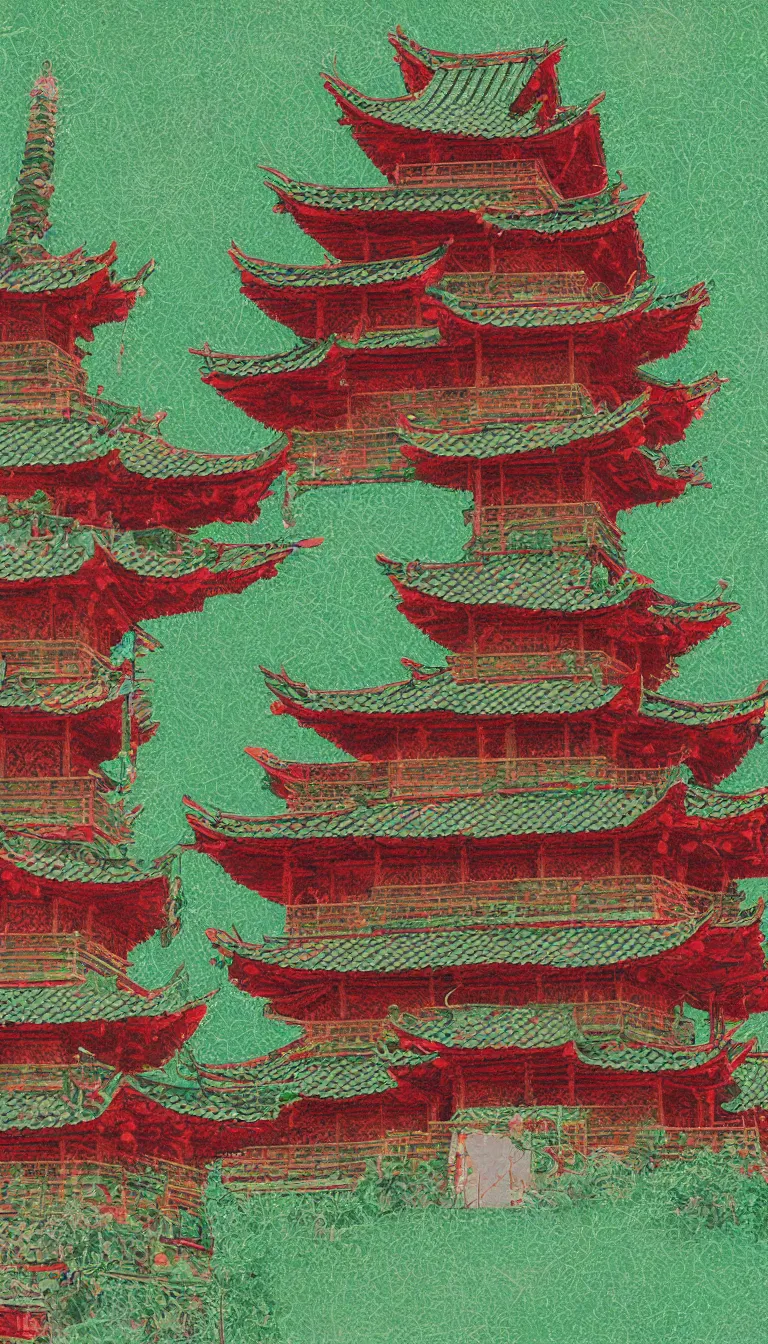 Prompt: digital painting of a pagoda with green and red accents, tea drinking and paper lanterns