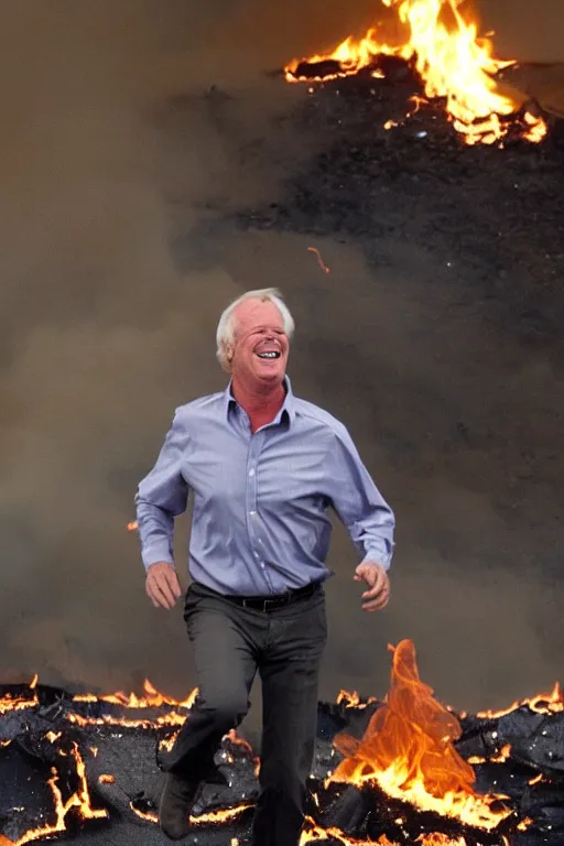 Image similar to kevin tighe floating off the ground above a burning garbage fire laughing