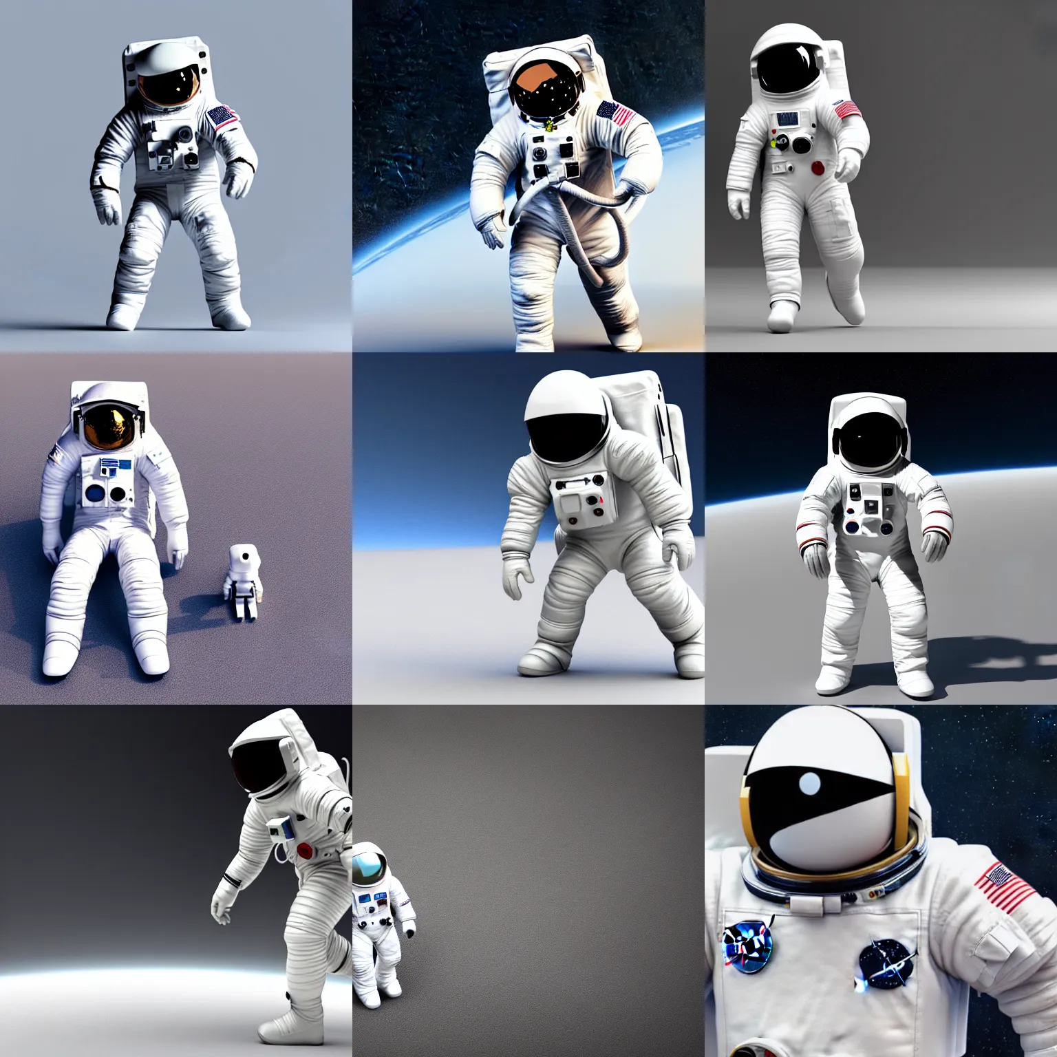 Prompt: a simple white minimalistic astronaut on all fours like an animal. and and and and a horse beside him, 3 d render.
