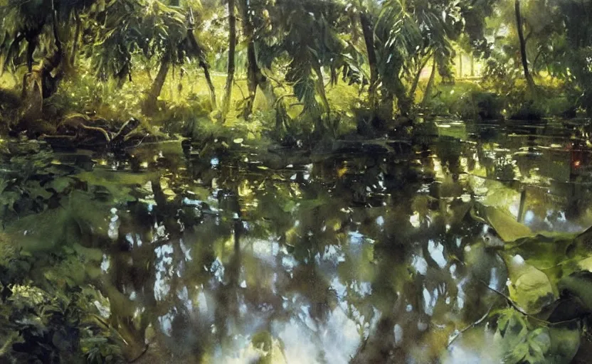 Image similar to oil painting lanscape by anders zorn, jungle nature, fruit trees, very very very very beautiful art, dramatic light, water reflections, aquarelle paint splashes and drips, drops