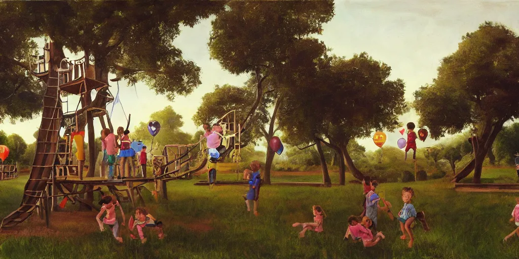 Image similar to masterful oil on canvas painting, eye - level view, shot from 5 0 feet distance, of kids playing in a treehouse. in the background human children run around having fun. golden hour, detailed, depth, volume, chiaroscuro, quiet intensity, limited color palette. in the background there are a couple of balloons floating in the sky.