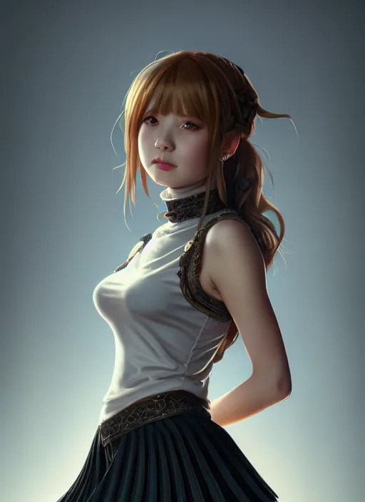 Image similar to portrait of a full body of beautiful young female detective, d & d, sleeveless turtleneck, pleated skirt, fantasy, flat lighting, intricate, highly detailed, digital painting, artstation, concept art, smooth, sharp focus, illustration, misa amane, art by simon bisley and greg rutkowski and alphonse mucha, natural tpose