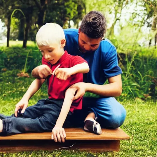 Image similar to a kid healing a mans wound, the man is sitting on a wooden chair