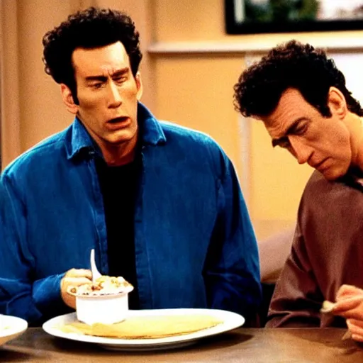 Prompt: a scene from Seinfeld where kramer eats pudding with newman