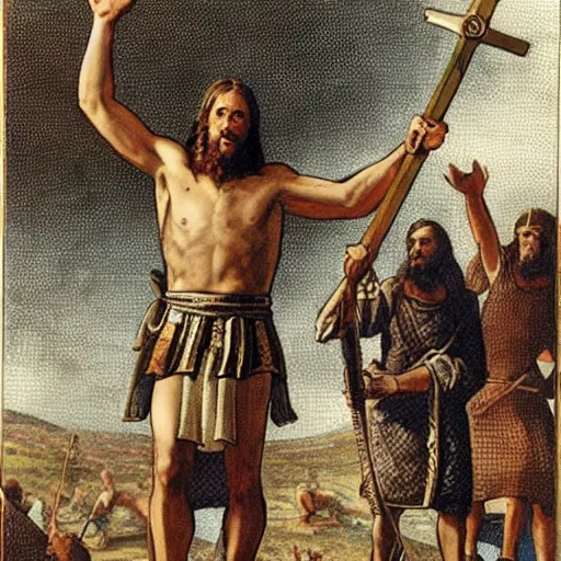 Image similar to Jesus Christ as a viking holding a battle axe yelling and raising his arms