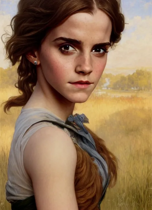 Prompt: portrait emma watson as 21th century country girl, full length shot, shining, 8k highly detailed, sharp focus, illustration, art by artgerm, mucha, bouguereau