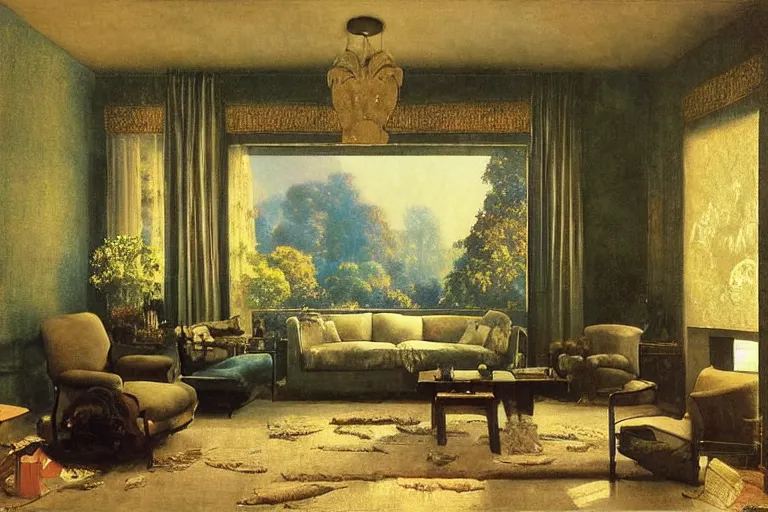 Prompt: dawn in a tastefully decorated living room with dark luxurious furnishings, and a mix of antique and modern furniture, and a mix of concrete and wood finishes, soft focus cinematic still, dark dreamy dawn dappled light by maxfield parrish