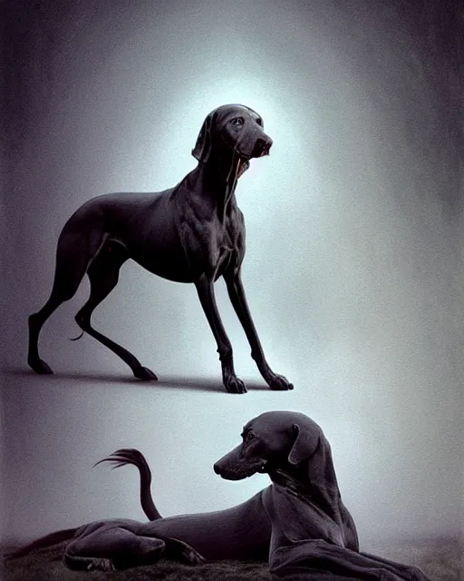 Image similar to painting of hybrid between black weimaraner & horse! & intercrossed animal, by zdzislaw beksinski, by mattias adolfsson, by tiffany bozic, cold hue's, warm tone gradient background, concept art, single object scene, beautiful composition, digital painting