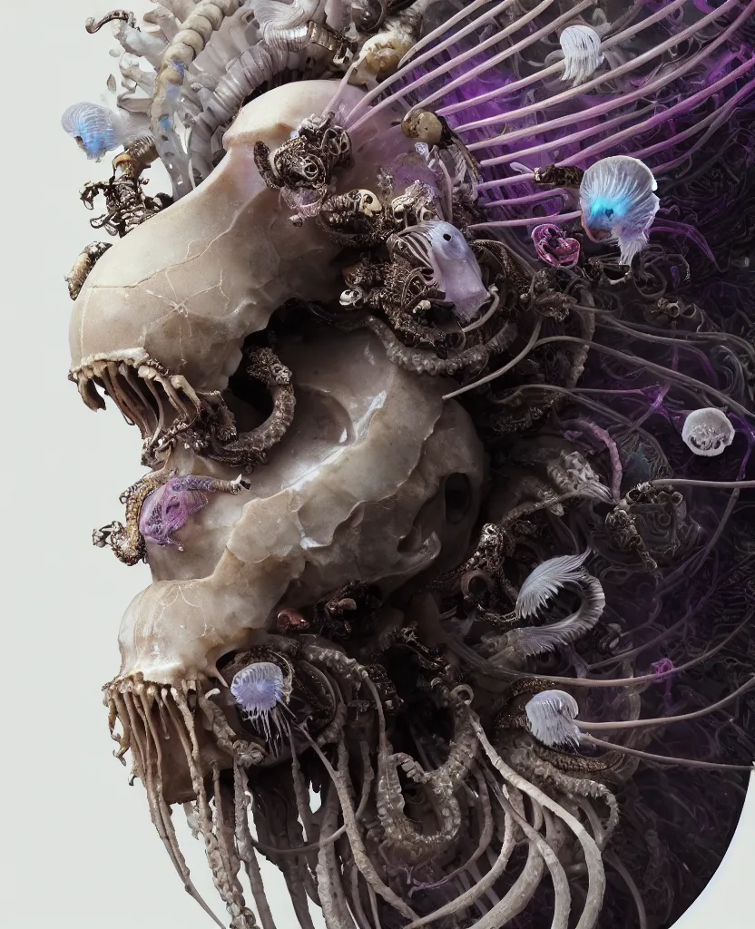 Image similar to goddess close-up portrait ram skull. jellyfish phoenix head, nautilus, orchid, skull, betta fish, bioluminiscent creatures, intricate artwork by Tooth Wu and wlop and beeple. octane render, trending on artstation, greg rutkowski very coherent symmetrical artwork. cinematic, hyper realism, high detail, octane render, 8k