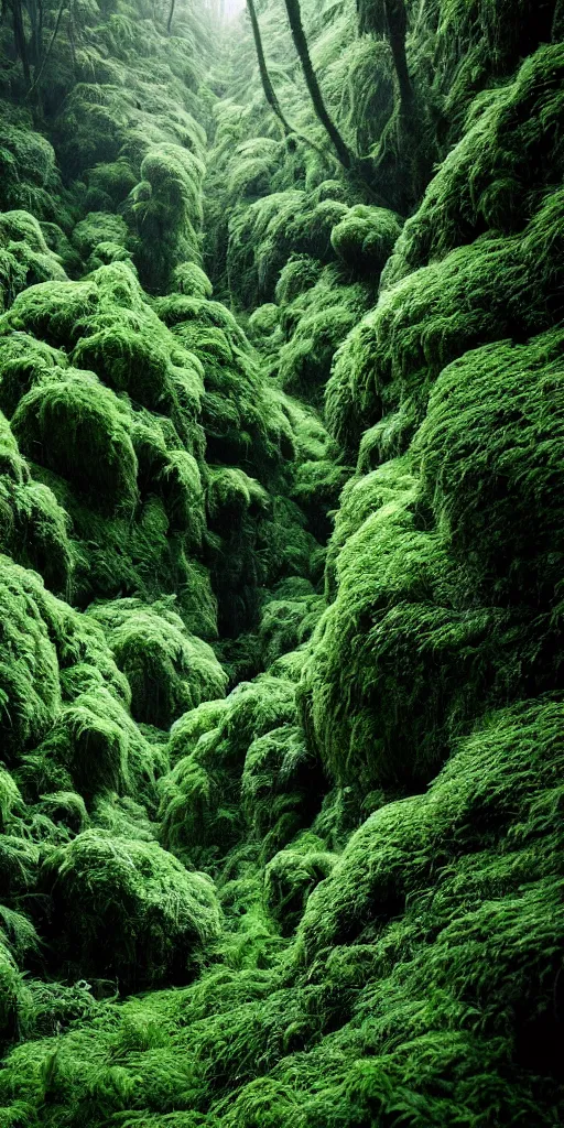 Image similar to a fertile, lush mossy canyon, ferns, minimalist structure, covered in ice, in the style of reuben wu, roger deakins