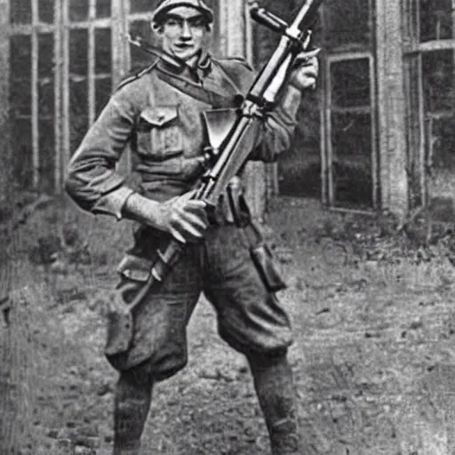 Image similar to old wartime photograph of crash bandicoot the video game character holding a lewis gun, 1 9 1 7