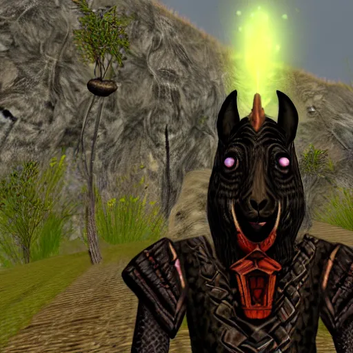 Image similar to an anthropomorphic black goat wizard in morrowind, screenshot