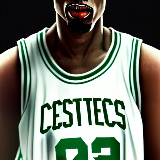 Image similar to portrait of tupac shakur, boston celtics jersey number 3 4, green, white, cartoon digital art, oil on canvas, trending on artstation, octane render