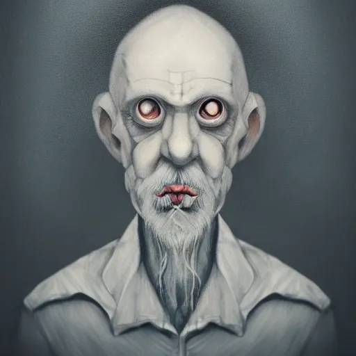 Image similar to eerie portrait of creepy pale old man with fish like facial features, painted, trending on art station, love craftian, dark lighting