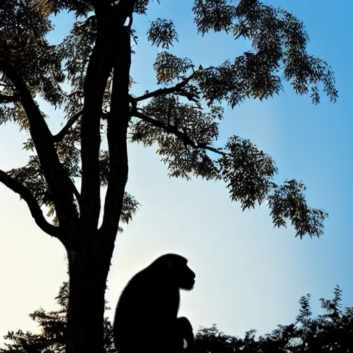 Image similar to portrait photo, rim light around fur of an ape on a tree, silhoutte, dim light, golden hour, tree top, dslr award winning photo, nikon