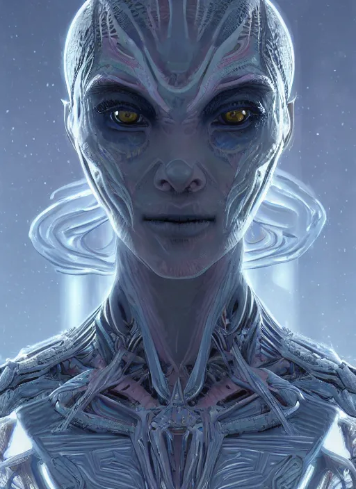 Image similar to symmetry!! portrait of alien made of ice in the style of horizon zero dawn, machine face, intricate, elegant, highly detailed, digital painting, artstation, concept art, smooth, sharp focus, illustration, art by artgerm and greg rutkowski and alphonse mucha, 8 k