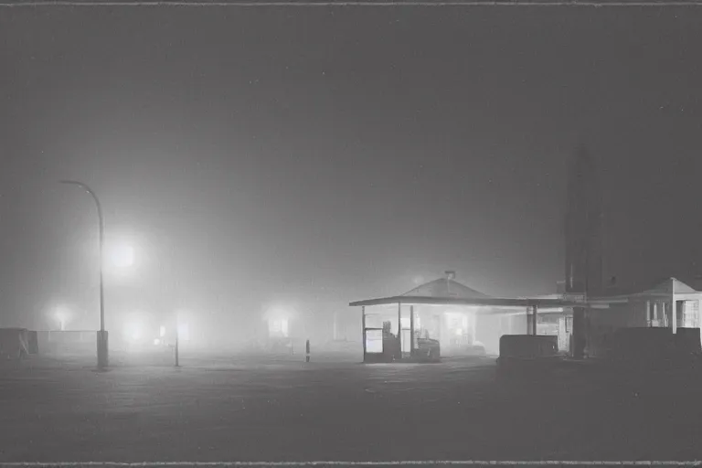 Image similar to “ gas station, night, fog, 1 9 0 0 ’ s photo ”