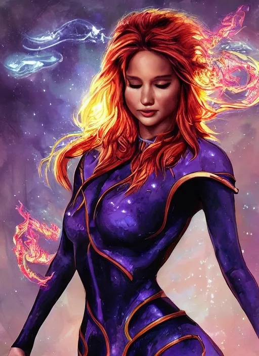 Image similar to front portrait hands behind body pose of attractive Jennifer Lawrence as Starfire with ginger wavy hair, hands behind her body pose!, Intricate overlay flames imagery , D&D!, fantasy style, sharp focus!, ultra detailed, art by Artgerm and Peter Andrew Jones, WLUP