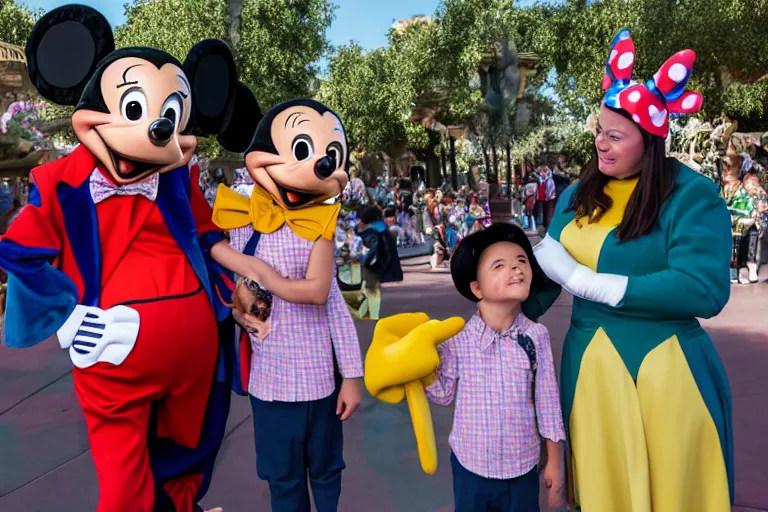 Image similar to an awkward interaction with grossly deformed costumed characters at disneyland. children are terrified. highly detailed, 1 6 k resolution, ultra realistic