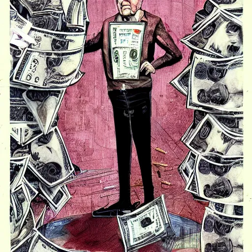 Image similar to George Soros full body shot, dollar bills Body horror, biopunk, by Ralph Steadman, Francis Bacon, Hunter S Thompson