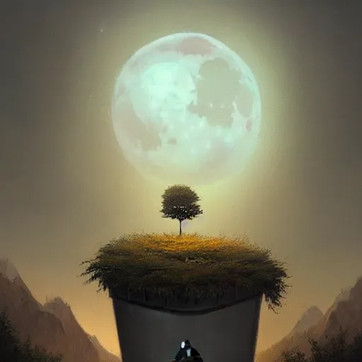 Image similar to low angle shot of a tree growing inside a trashcan in the foreground. overgrown. soft moon - lit over the mountains in the background. highly detailed, cinematic, beautiful, cgsociety, artstation, oil painting by greg rutkowski, by artgerm, by wlop