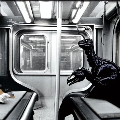 Image similar to a velociraptor riding the subway, new york, 1 9 9 0